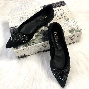 OLIVIA JAYMES Black Suede Jewel Point Flats